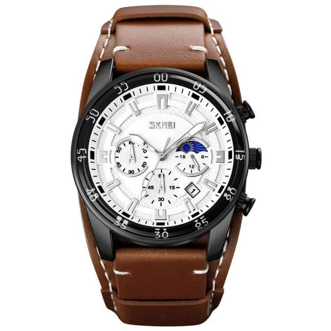 SKMEI Men's Leather Strap Watch with Moonphase and Calendar Features — brown leather strap, white dial showing moonphase and calendar
