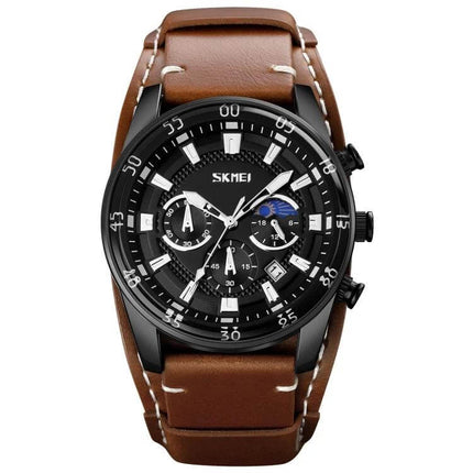 SKMEI Men's Leather Strap Watch with Moonphase and Calendar Features - black dial, brown leather strap, moonphase and calendar displays