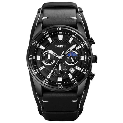 SKMEI Men's Leather Strap Watch with Moonphase and Calendar Features - black dial, moonphase subdial, calendar, stitched leather strap