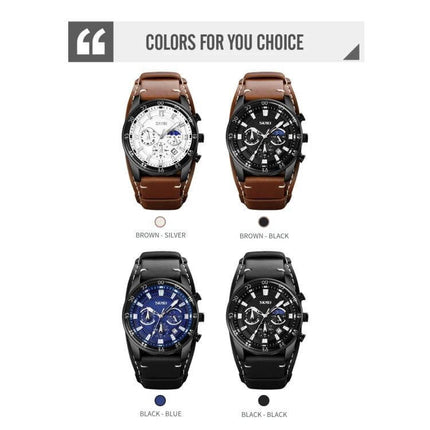 SKMEI Men's Leather Strap Watch with Moonphase and Calendar Features showing four color options: brown-silver, brown-black, black-blue, black-black