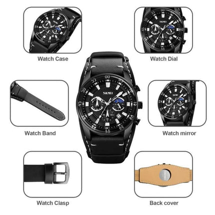 SKMEI Men's Leather Strap Watch with Moonphase and Calendar Features shown from dial, case, band, clasp and back cover