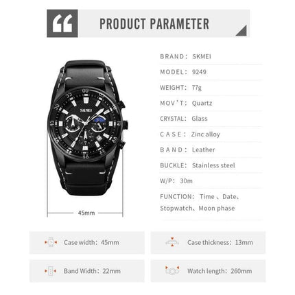 SKMEI Men's Leather Strap Watch with Moonphase and Calendar Features - black dial, leather band, moonphase and calendar displays