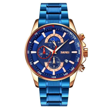 SKMEI Men's Quartz Watch with Moonphase and Stainless Steel Strap blue dial and blue stainless steel strap, moonphase display and chronograph