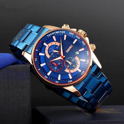 SKMEI Men's Quartz Watch with Moonphase and Stainless Steel Strap blue dial and blue stainless steel strap showing subdials and tachymeter