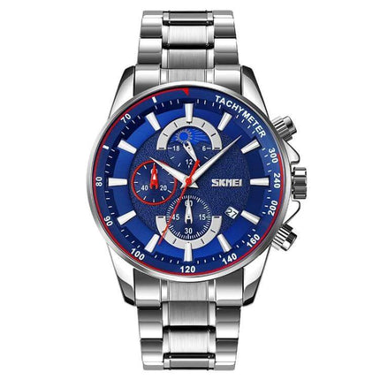 SKMEI Men's Quartz Watch with Moonphase and Stainless Steel Strap - blue dial, tachymeter, stopwatch chronograph on stainless steel strap