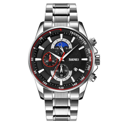 SKMEI Men's Quartz Watch with Moonphase and Stainless Steel Strap showing black dial, moonphase, chronograph subdials and silver stainless steel strap
