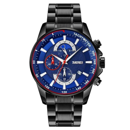 SKMEI Men's Quartz Watch with Moonphase and Stainless Steel Strap - blue dial chronograph with black stainless steel strap
