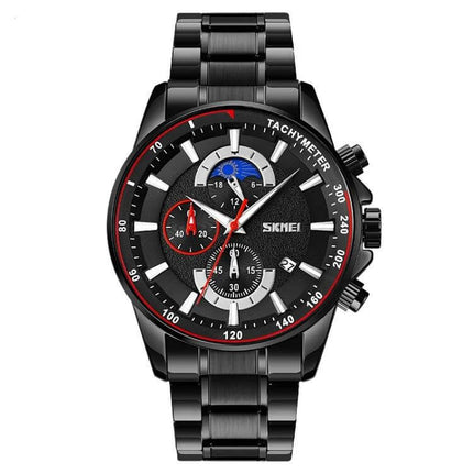 SKMEI Men's Quartz Watch with Moonphase and Stainless Steel Strap showing black dial, moonphase, tachymeter bezel and stainless steel bracelet