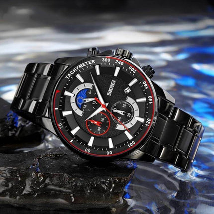 SKMEI Men's Quartz Watch with Moonphase and Stainless Steel Strap showcasing black dial, moonphase, chronograph subdials and stainless steel strap