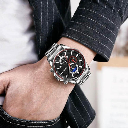 SKMEI Men's Quartz Watch with Moonphase and Stainless Steel Strap on wrist showing black dial, moonphase and stainless steel strap