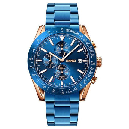 SKMEI Men's Quartz Watch with Stainless Steel Strap and Stopwatch blue dial chronograph, date window, stainless steel bracelet, 30m water resistant
