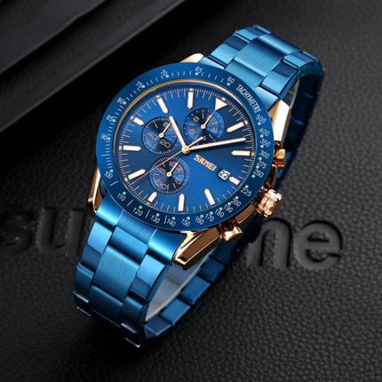 SKMEI Men's Quartz Watch with Stainless Steel Strap and Stopwatch in blue stainless steel with chronograph and date display