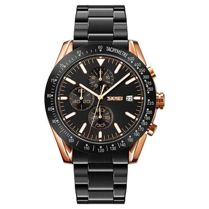SKMEI Men's Quartz Watch with Stainless Steel Strap and Stopwatch - black dial, rose gold accents, date and chronograph for active daily use