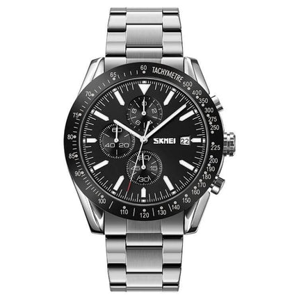 SKMEI Men's Quartz Watch with Stainless Steel Strap and Stopwatch - black dial, stainless steel band, date and stopwatch functions