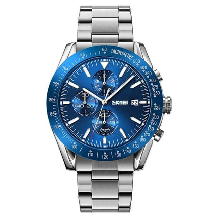 SKMEI Men's Quartz Watch with Stainless Steel Strap and Stopwatch - blue dial, tachymeter, date window, chronograph on stainless steel bracelet