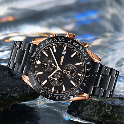 SKMEI Men's Quartz Watch with Stainless Steel Strap and Stopwatch on black dial chronograph with date and tachymeter, water-resistant style