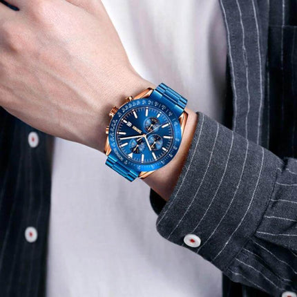 SKMEI Men's Quartz Watch with Stainless Steel Strap and Stopwatch on wrist, blue dial chronograph, stainless steel band
