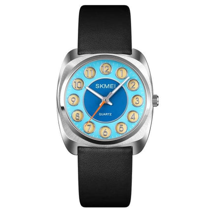 SKMEI Ladies Watch with Leather Strap and Pattern Dial for Daily Wear - blue pattern dial, black leather strap, quartz timepiece