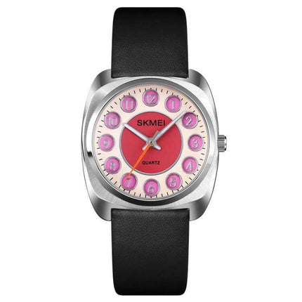 SKMEI Ladies Watch with Leather Strap and Pattern Dial for Daily Wear - pink pattern dial, black leather strap, quartz timepiece
