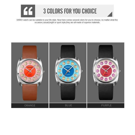 SKMEI Ladies Watch with Leather Strap and Pattern Dial for Daily Wear - three color options (orange, blue, purple) with leather straps