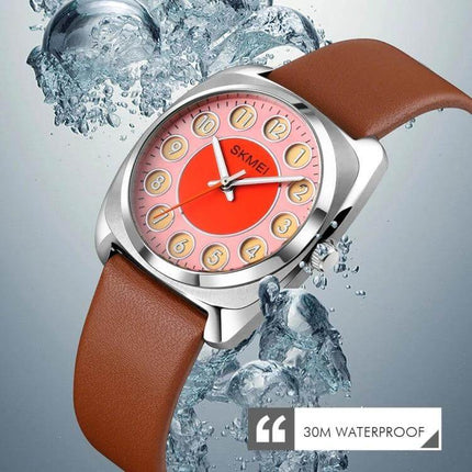 SKMEI Ladies Watch with Leather Strap and Pattern Dial for Daily Wear - brown leather strap, pink patterned dial, quartz timepiece