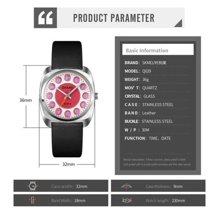 SKMEI Ladies Watch with Leather Strap and Pattern Dial for Daily Wear - black leather band, pink patterned dial, stainless steel case