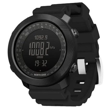 North Edge Waterproof Outdoor Sports Smart Watch black rugged smartwatch showing barometer, altitude and time display, 50m waterproof for hiking and swimming
