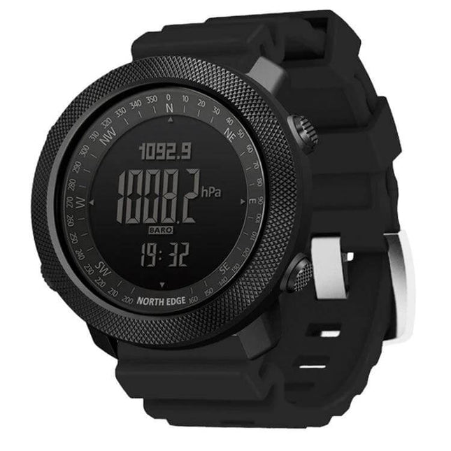North Edge Waterproof Outdoor Sports Smart Watch black rugged smartwatch showing barometer, altitude and time display, 50m waterproof for hiking and swimming