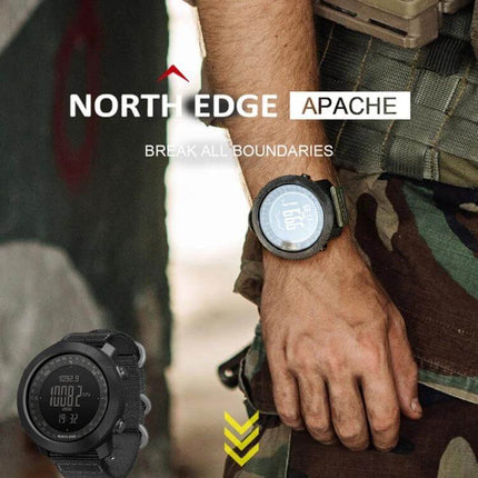 North Edge Waterproof Outdoor Sports Smart Watch on hiker wrist showing digital altitude and activity tracking, rugged waterproof design for swimming up to 50m