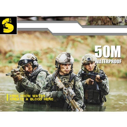 North Edge Waterproof Outdoor Sports Smart Watch shown on soldiers wading in water highlighting 50M waterproof and activity tracking features
