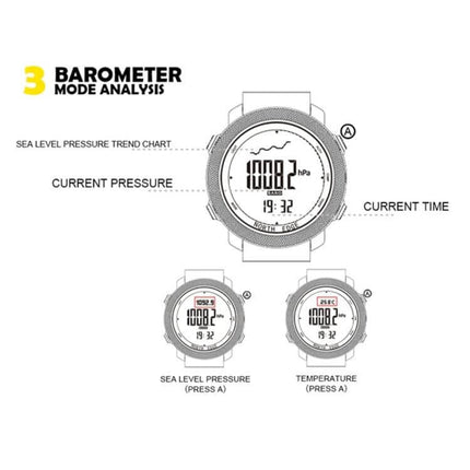 North Edge Waterproof Outdoor Sports Smart Watch barometer display showing sea level pressure trend, current pressure and time