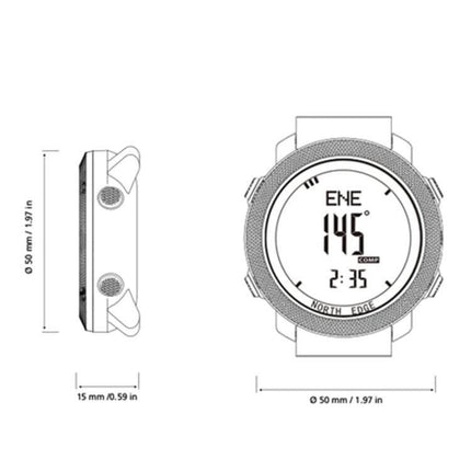 North Edge Waterproof Outdoor Sports Smart Watch digital compass display showing 145° and time, front and side technical dimensions