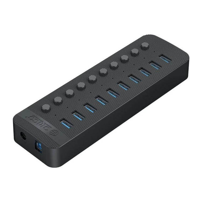 Orico 10-Port USB Hub for Connecting Multiple Devices with Individual Switches black 10-port USB-A 3.0 hub with individual on/off buttons