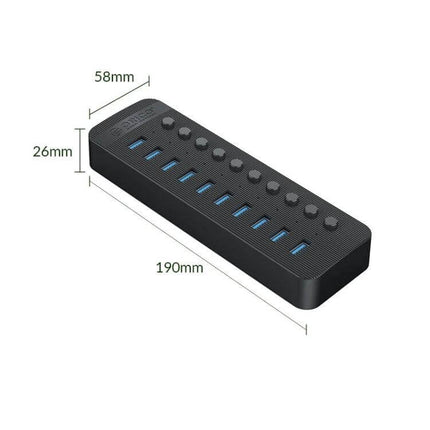 Alt Tag: Orico 10-Port USB Hub for Connecting Multiple Devices with Individual Switches black 10-port USB-A 3.0 hub with dimensions 190x58x26mm