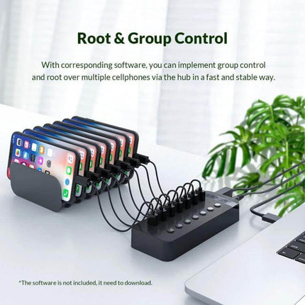 Orico 10-Port USB Hub for Connecting Multiple Devices with Individual Switches on desk charging multiple phones with individual power buttons