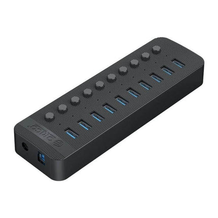 Orico 10-Port USB Hub for Connecting Multiple Devices with Individual Switches black USB-A 3.0 hub with ten ports and individual power buttons
