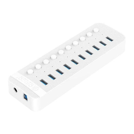 Orico 10-Port USB Hub for Connecting Multiple Devices with Individual Switches white 10-port USB-A 3.0 hub with individual on/off buttons