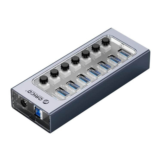 ORICO 7-Port Aluminum USB Hub for Connecting Multiple Devices - compact aluminum alloy USB hub with 7 blue USB 3.0 ports and individual switches
