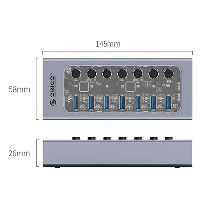 ORICO 7-Port Aluminum USB Hub for Connecting Multiple Devices showing top and side dimensions and seven USB ports