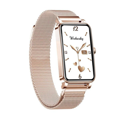 Smart Watch for Everyday Health and Activity Tracking — rose gold rectangular smartwatch with mesh band showing heart rate and steps on white display