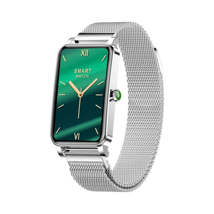 Smart Watch for Everyday Health and Activity Tracking - sleek silver smartwatch with green display showing health and activity metrics