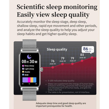 Smart Watch for Everyday Health and Activity Tracking showing sleep quality graph, heart rate and sleep stages on watch display