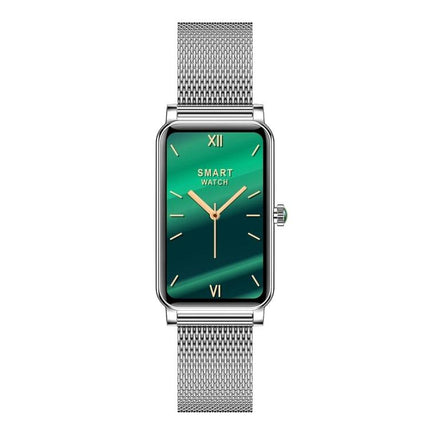Daily Smart Watch for Everyday Health and Activity Tracking - sleek rectangular smartwatch with green analog-style display and silver mesh band