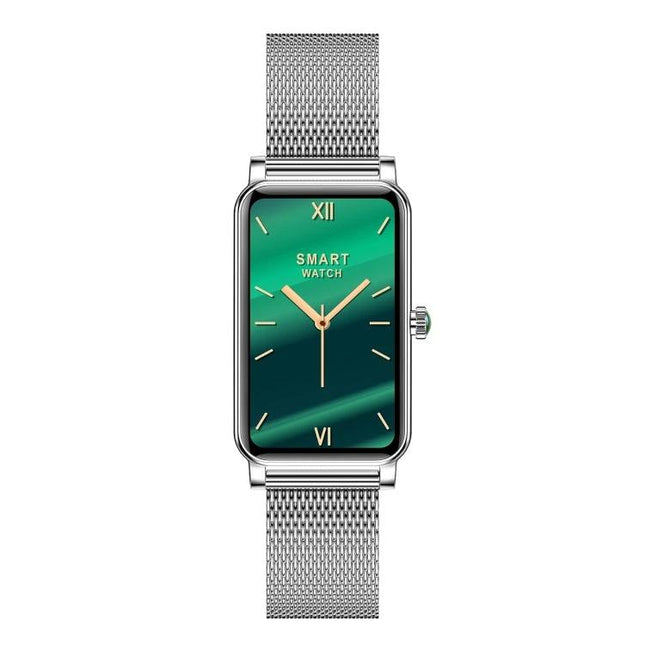 Daily Smart Watch for Everyday Health and Activity Tracking - sleek rectangular smartwatch with green analog-style display and silver mesh band