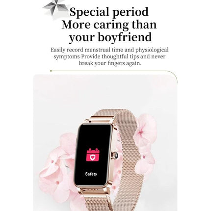 Daily Smart Watch for Everyday Health and Activity Tracking rose gold smartwatch showing menstrual care app and heart safety icon