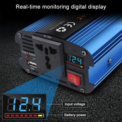 Carmaer 500W DC to AC Power Inverter for Vehicles and Home Use showing blue aluminum housing, AC outlets, USB port and real-time input voltage digital display