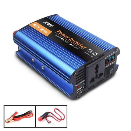 Carmaer 500W DC to AC Power Inverter for Vehicles and Home Use - blue compact inverter with outlets, display and cable accessories