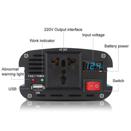 Carmaer 1200W DC to AC Vehicle Power Inverter for Home Use front panel showing 220V AC outlet, USB port, switch and digital input voltage display