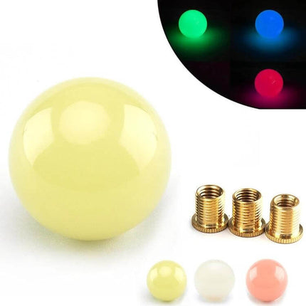 Universal Car Round Luminous Shift Knob With Adapters - white acrylic glowing blue at night with three brass adapters for easy hand installation