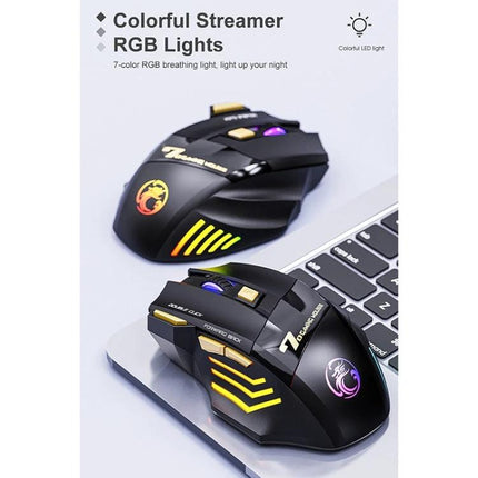 iMICE Wireless Gaming Mouse with Silent Buttons and Rechargeable Battery showing RGB lights and silent click design on a laptop surface